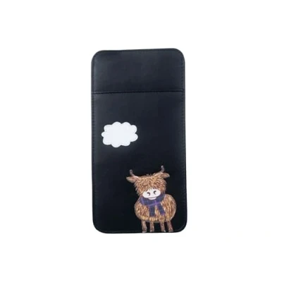 Image of Mala leather Highland Cow Slip In Glasses case soft wide tab top ladies (Black)