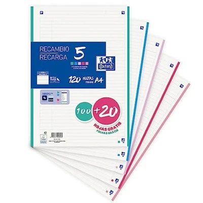 Image of Oxford, A4 Perforated Ruled Sheets, 1 line Refill, 120 4 Holes, 5 Pastel Coloured Bands