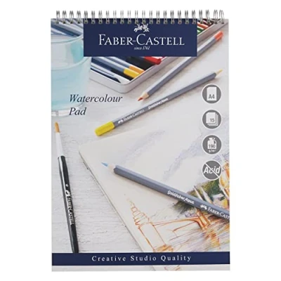 Image of Faber Castell Creative Studio Watercolour Pad, A4, Acid Free Spiral Bound Paper, 190 GSM, 15 Sheets For Paint, Pencils And Markers, Arts, Craft, Home School