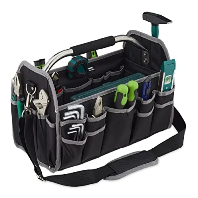Image of Relaxdays Tool Bag, Empty, Carrying Handle and Shoulder Strap, Open Equipment Carrier Box, HxWxD: 30 x 42 23 cm, Black, Stainless steel