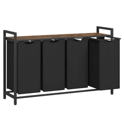 Image of VASAGLE Laundry Basket, 4 Compartment Hamper, Pull Out and Removable Bags, Sorter, Shelf, Metal Frame, x 40L, 116 33 72 cm, Rustic Brown Black BLH401B01