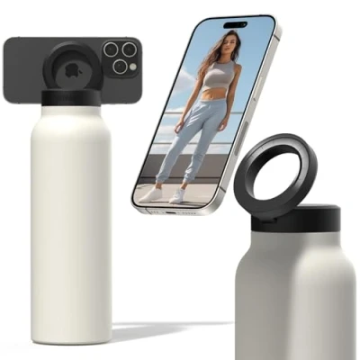 Image of Ringo Insulated Water Bottle MagSafe Compatible with Magnetic Phone Holder Stainless Steel Tripod Mount Hot 12H, Cold 24H, 360 Rotate Ivory 32oz