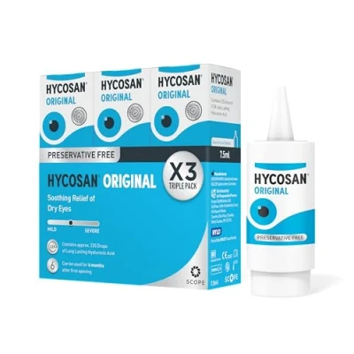 Image of Hycosan Original Triple Pack Eye Drops with Hyaluronic Acid for Treatment and Rapid Relief of Mild to Moderate Dry Eyes Preservative Free 3 x 225 Measured Doses