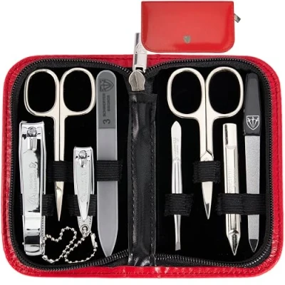 Image of 3 Swords Germany brand quality 8 piece manicure pedicure grooming kit set for professional finger &amp; toe nail care scissors clipper fashion leather case in gift box, Made by (002020)