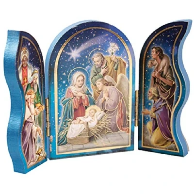 Image of The Healing Corner Christmas Nativity Triptych Holy Family Jesus in a Manger Wise Men &amp; Xmas Angel