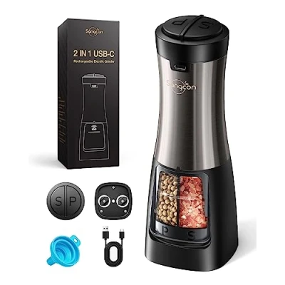 Image of Sangcon 2 in 1 Electric Salt and Pepper Grinder Set USB Rechargeable Automatic Mill Dual One Refillable Adjustable Coarseness Ceramic with Light