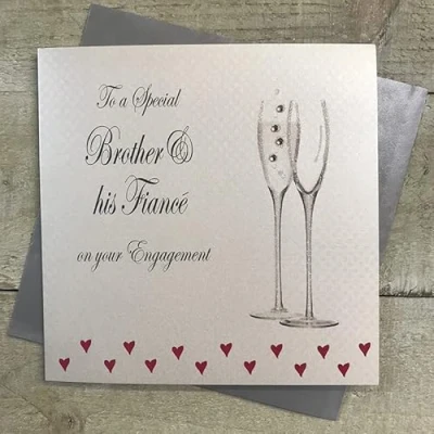 Image of WHITE COTTON CARDS BROTHER &amp; FIANCE (MALE) ENGAGEMENT CARD FLUTES DESIGN, HAND FINISHED (PD305)