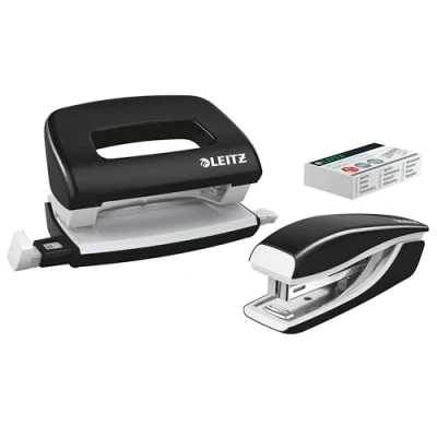 Image of Leitz 55612095 Mini Stapler and Hole Punch Set, Staple or Up to 10 Sheets, Includes P2 N10 Staples, WOW Range, Black
