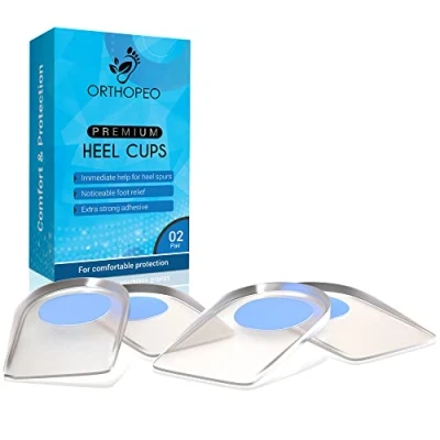 Image of ORTHOPEO© Premium Heel Plantar Fasciitis Pads Inserts Silicone Gel Support Men for Feet Spurs 2 Pair Reusable Insole Cups. Length 10.8 cm, Width 7 cm