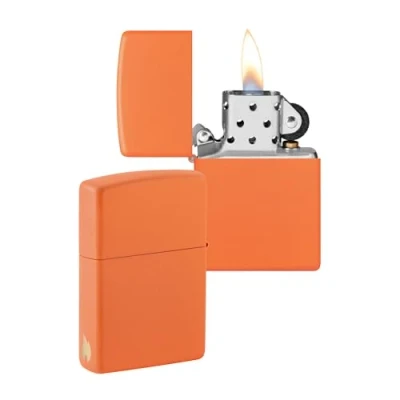 Image of Zippo Windproof Lighter Flame Logo Orange Matte Finish Refillable for Lifetime Use Adjustable Gift Box Metal Construction Made in USA