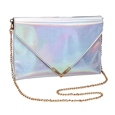 Image of LA HAUTE Geometric Luminous Clutch Purse Holographic Pu Leather Shoulder Handbag Laser Chain Crossbody Bag