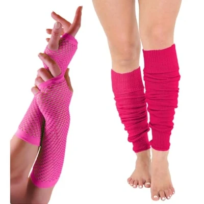Image of FNA Fashions Womens Neon Long Fishnet Gloves and Leg Warmers Ladies Fancy Hen Night 80’s Party Novelty Dress (Long Gloves, Pink)