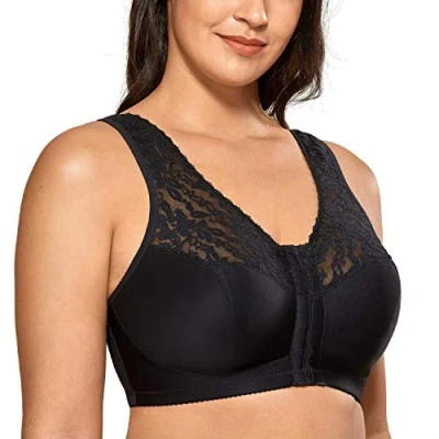Image of Delimira Women&#039;s Front Fastening Bras Lace Wireless Plus Size Full Coverage Racerback Support Bra Black 40DD