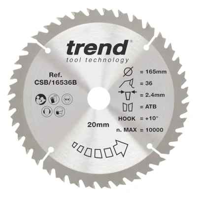 Image of Trend Wood Circular Saw Blade, 165mm Diameter, 20mm Bore, 36 Teeth, 2.4mm Kerf, +10 Hook, TCT, Medium Finish, CSB/16536B