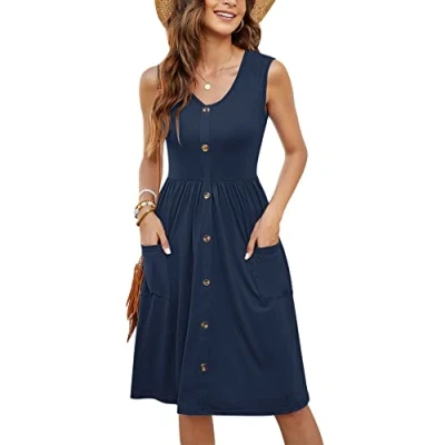 Image of Molerani Summer Dress for Women Sleeveless Ladies V Neck Beach Swing Button Midi Sundress with Pockets Navy Blue 16 18 L