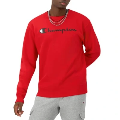 Image of Champion Men&#039;s Crewneck, Powerblend Fleece, Hoodie Sweatshirt Logo (Reg. Or Big &amp; Tall), Team Red Scarlet Script, XS