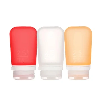 Image of humangear GoToob+ 3 Pack Medium 74ml Travel Bottle with locking cap Clear/Red/Orange,
