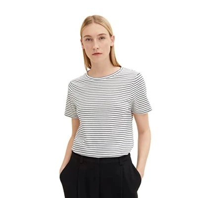 Image of TOM TAILOR Ladie&#039;s 1032407 Basic T Shirt, 31539 Offwhite Navy Thin Stripe, XS