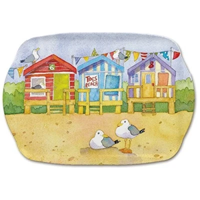 Image of A Day at The Seaside Beach Huts Emma Ball Colourful Tea/Medium Melamine Tray 35cm M50