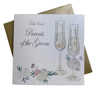 Image of WHITE COTTON CARDS Wedding Card, Parents of the Groom, Flutes Handmade LL235 DT PG