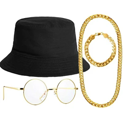 Image of Mega_JumbleSale® Rapper/Gangster/Big Daddy/DMC chav 80&#039;s 90&#039;s Hip Hop Star Set Black Bucket Hat + Gold Frame Clear Lens Glasses Chunky Chain Necklace &amp; Bracelet