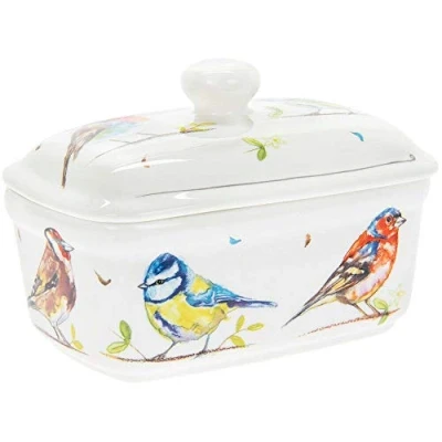 Image of Lesser &amp; Pavey The Leonardo Collection Country Life Birds Butter Dish with Lid for Kitchen Home Fine China Adorable British Designed Dishes All Sizes of
