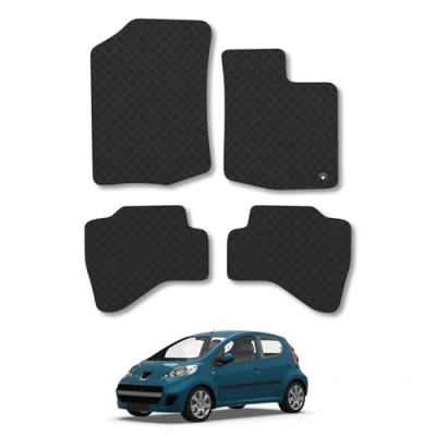 Image of Rubber Car Mats Compatible with Peugeot 107 (2005 2012) Tailored Fit Floor Set Accessory Black Custom 4 Pieces Clips Anti Slip Backing, Heavy Duty &amp; Waterproof