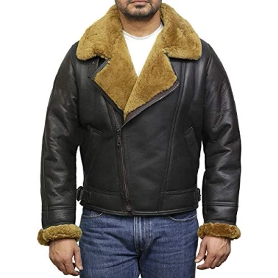 Image of BRANDSLOCK Men Aviator Real Shearling Sheepskin Leather Bomber Flying Jacket (XS, Brown)