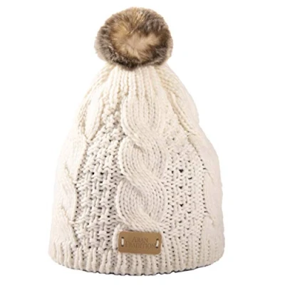 Image of Aran Traditions Warm Winter Cable Knit Faux Fur Bobble Beanie Hat Cream