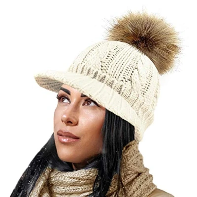Image of RockJock Ladies Warm Fleece Lined Knitted Peaked Beanie Baseball Cap with Detachable Faux Fur Pompom wear or Without
