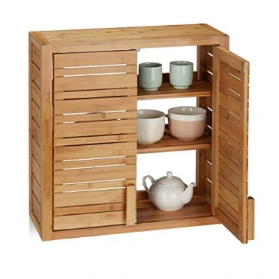 Image of Relaxdays Bamboo Wall Shelf, 2 Doors, Adjustable Liner Base, Square Hanging Wall, HWD 56.5x56x21cm, Natural
