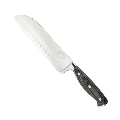 Image of Sabatier Professional Oriental Santoku Kitchen Knife 7in/17.5cm Full Tang Taper Ground Stainless Steel Blade. Unique Grey Pakkawood Triple Rivet Handle. Lifetime Performance 25yr Guarantee