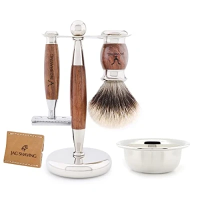 Image of Jag Shaving Set JAG&#039;s LEE Range 5 Piece Silver Tip Badger Hair Brush Double Edge Safety Razor Stand Leather Bag for Bowl Wood