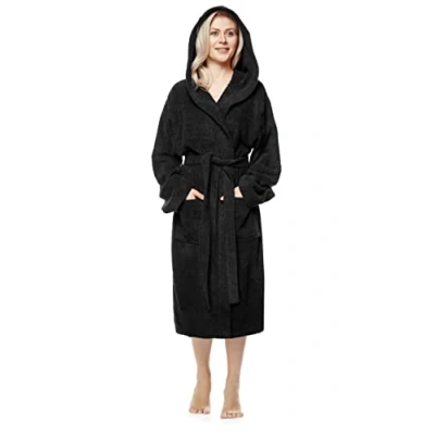 Image of Arus Women&#039;s bathrobe with hood, calf length, 100% cotton terry, women`s size: XL, unisex L Black