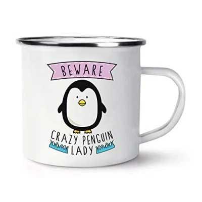 Image of Beware Crazy Penguin Lady Retro Enamel Mug Cup