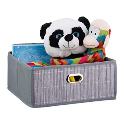 Image of Relaxdays Bamboo Storage Basket, Bathroom &amp; Bedroom Organiser, Square, Low Box, HxWxD 14 x 31 cm, Folding, Grey