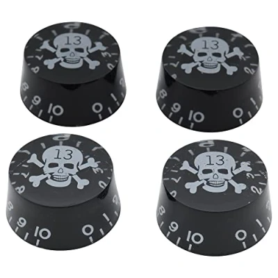 Image of Musiclily Basic Metric Guitar Speed Knobs Tone Volume Control for Epiphone Les Paul SG Import Electric Guitar, Black with White Skull Logo (Set of 4)