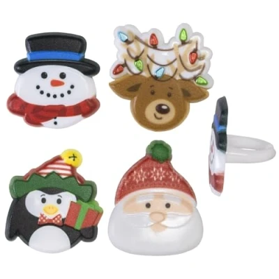 Image of Culpitt Holiday Icons Rings, Christmas Cupcake Decorations, Snowman, Santa, Rudolph Penguin, Multi Coloured Toppers 24 Pack