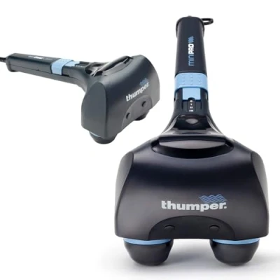 Image of Thumper Mini Pro Percussive Massager Deep tissue massage for muscles, back, shoulders, legs, arms. Powerful percussion electric handheld therapy gun with long handle and 3 speeds
