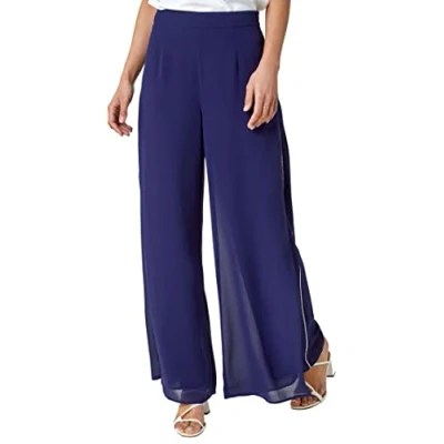 Image of Roman Originals Wide Leg Trousers for Women UK Ladies Palazzo Pants Diamante Embellished Side Split Chiffon Smart Evening Christmas New Years Party Formal Sparkle Bottoms Sparkly Navy Size 20