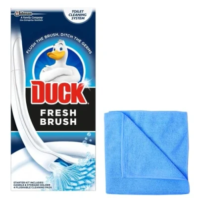 Image of Toilet Duck Fresh Brush with Holder Bowl Cleaner Starter Kit [1 Handle + 4 Refills] Microfibre Cleaning Cloth