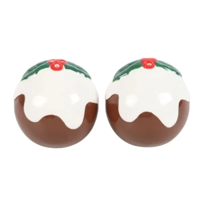 Image of Christmas Pudding Salt and Pepper Shakers Festive Ceramic Holiday Tableware, Perfect for Adding Seasonal Cheer to Your Dining Experience Unique Design, Great Gift Idea