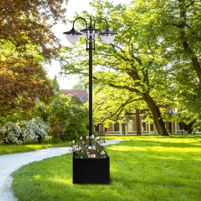 Image of Outsunny 189cm 3 Head Solar Lamp Post, Street Light with Planter, Automatic on, 6 Hour Max Outdoor Ready LED Lighting, Black