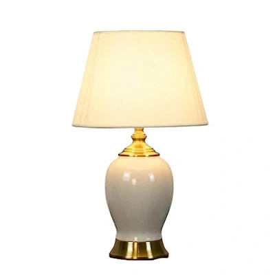 Image of USMJQVZ Modern White Ceramic Table Lamp, Traditional Classic Bedside Desk Lamp For Living Room Bedroom, Farmhouse Nightstand Lamps With Fabric Shade