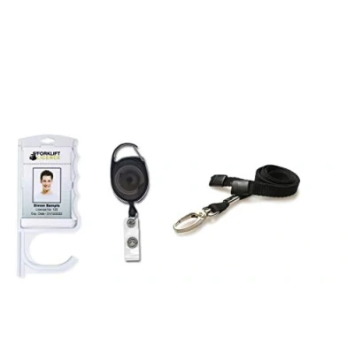 Image of ID Card It Antimicrobial Door Opening Badge Holder, Lanyard Neck Strap and extendable Keyring Identity Reel for contactless Back to Work, Office, School, Nurses (Black with Lanyard)
