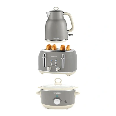 Image of Salter Retro Kettle, Toaster &amp; Slow Cooker Set 4 Slice Toaster, 6 Browning Levels, 1.7L Rapid Boil 3.5L Electric Cooker, Dishwasher Safe Ceramic Pot, 3 Heat Settings, Grey, COMBO 9506