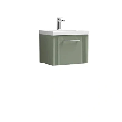 Image of nuie Modern Bathroom Wall Hung 1 Drawer Part Fluted Vanity Unit with Thin Edge Ceramic Basin, Satin Green, 500mm
