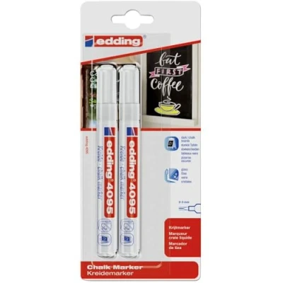 Image of edding 4095 chalk marker white 2 pens round nib 3 mm medium wet wipe pen for chalkboards, windows, glass, mirrors liquid opaque coverage