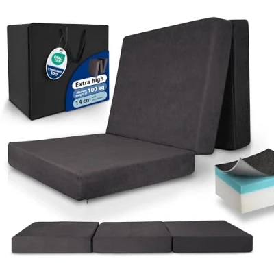 Image of Beautissu Premium L foldable folding mattress 75x195 cm guest bed extra thick 14cm visco foam hardness high sleeping comfort, washable easy transport anthracite
