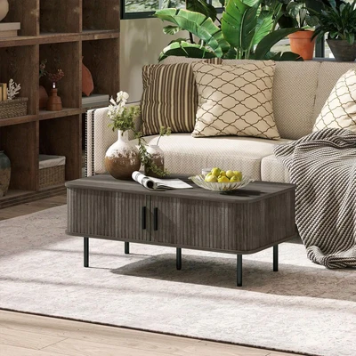 Image of HOMCOM Coffee Table with Storage, Living Room Slatted Tambour Sliding Doors and Foot Pads, Rectangular Elevated Base for Room, Grey Wood Effect